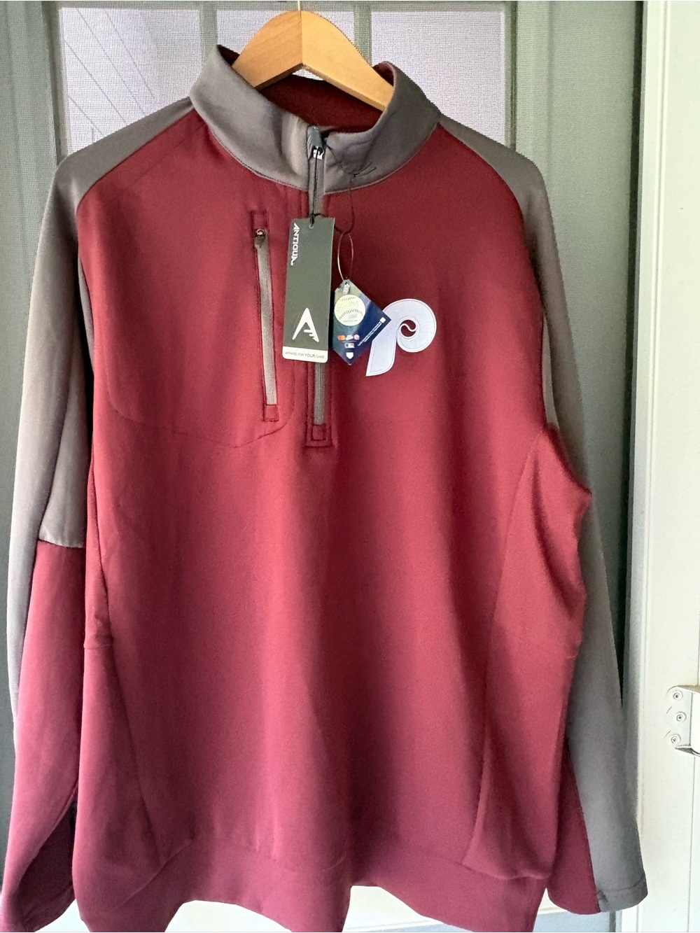 Antigua Men's Phillies  Maroon and Gray Half-Zip Pullover with Chest Logo